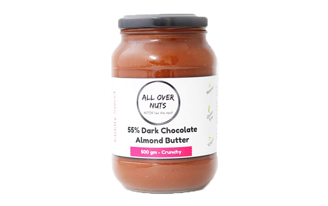 All Over Nuts 55% Dark Chocolate Almond Butter Crunchy  Glass Jar  500 grams